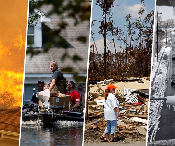 L to R: Springs Fire In Southern California; South Carolina flooding; Hurricane Katrina in Mississippi; ice & snow in Texas