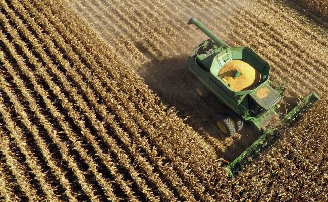 Non-GMO corn is harvested with a John Deere & Co. 9670 STS combine harvester in this aerial photograph taken above Malden, Illinois, U.S., on Wednesday, Sept. 30, 2015. Corn exports by the U.S., the biggest producer, are running 28 percent behind last year's pace as a stronger dollar entices buyers to go elsewhere for cheaper supply. Photographer: Daniel Acker/Bloomberg