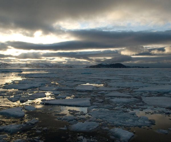 Floating ice at dawn, Spitsbergen, Svalbard, Norway.